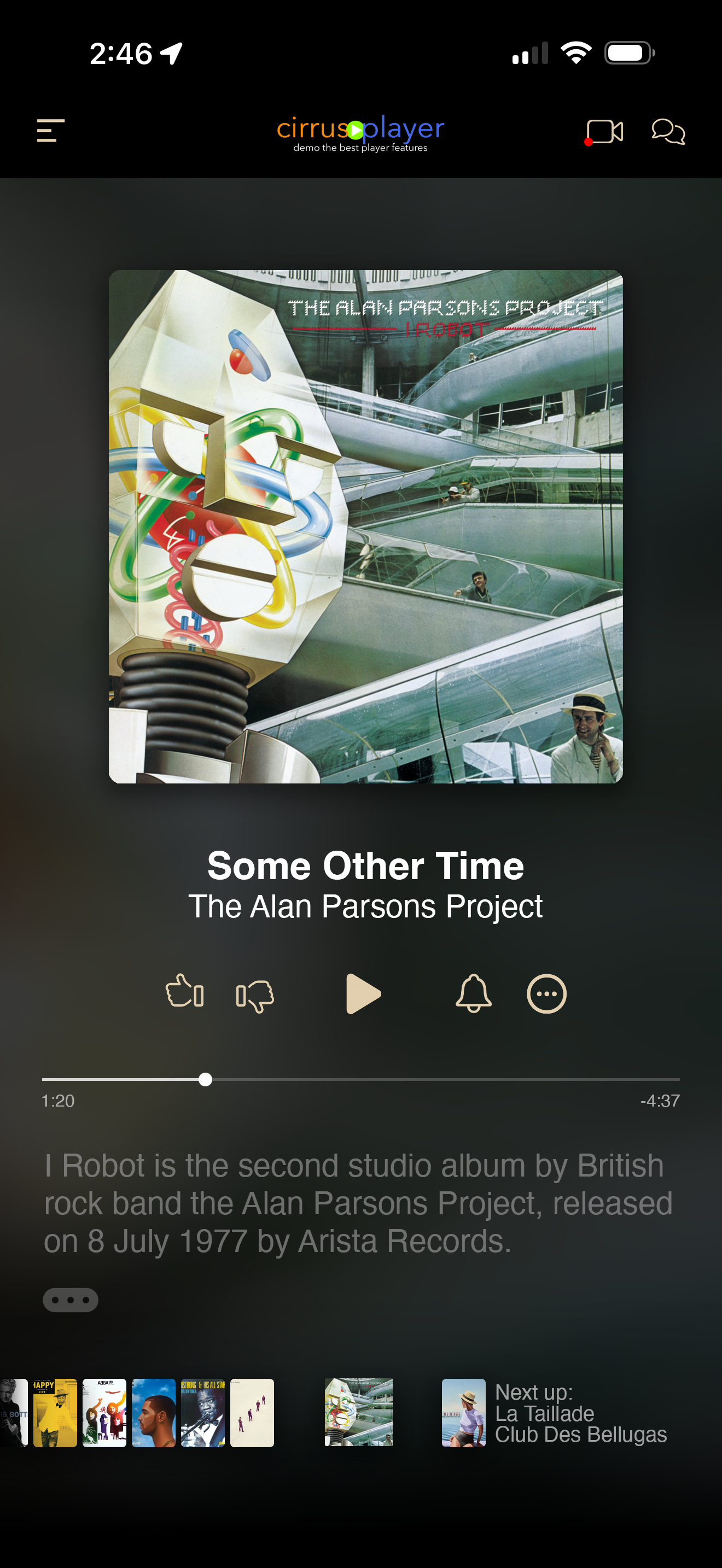 Cirrus Streaming mobile app showing music player interface with album art, playback controls, and song information